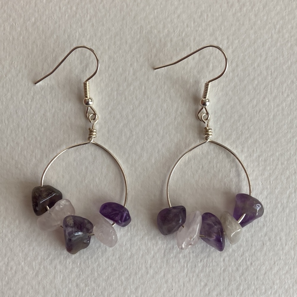 Handmade earrings, color silver, rose quartz and amethyst
